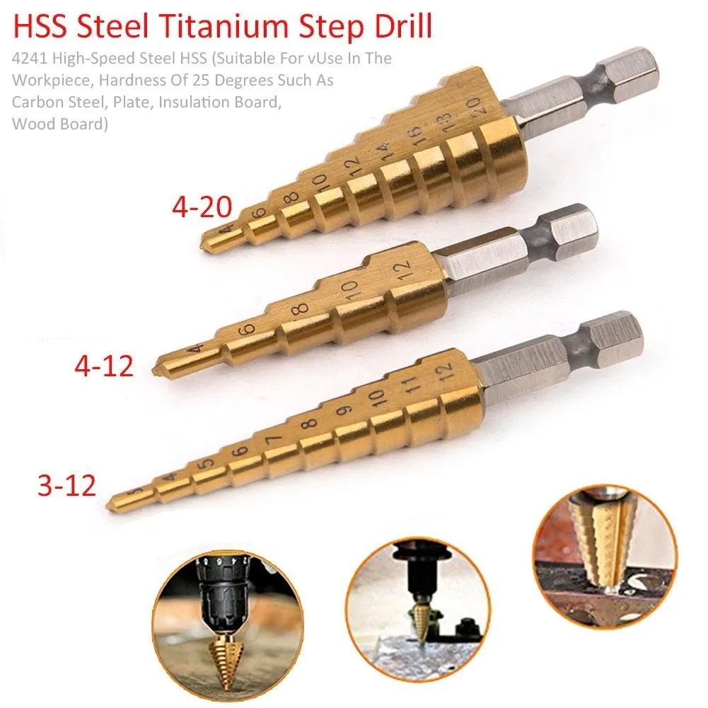 3pcs HSS Steel Titanium Coated Step Universal Drill Bit Set Hex Hole Cutter 3-12mm 4-12mm 4-20mm For Home DIY Wood Glass Metal
3pcs HSS Steel Titanium Coated Step Universal Drill Bit Set Hex Hole Cutter 3-12mm 4-12mm 4-20mm For Home DIY Wood Glass Metal