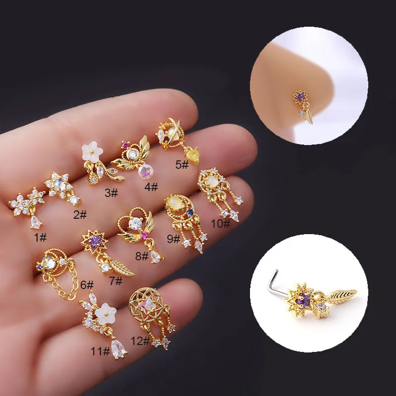 

New Fashion L Shaped Small Nose Studs Piercing Stainless Steel Flower Tassels Cubic Zirconia 20G Nostril Screw Indian Piercing