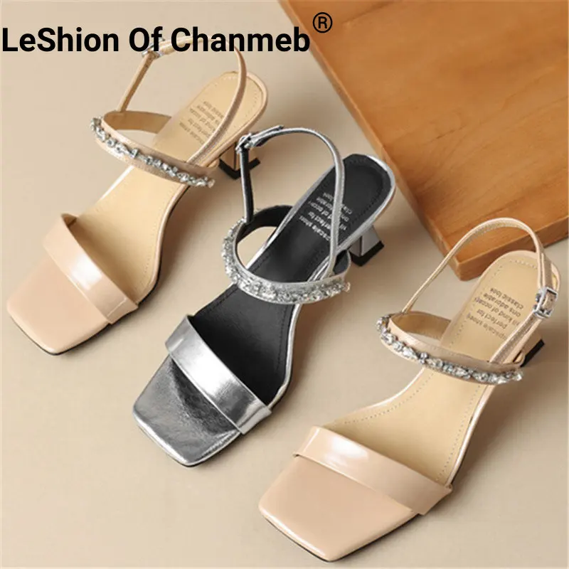 

Leshion Of Chanmeb Genuine Leather Sandals Crystal Diamond Slingback Buckle Shoe Women Thin High Heel Sandal Silver Nude Size 42