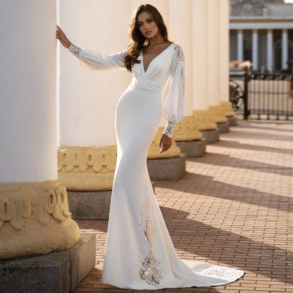 Sexy Wedding Dress Mermaid V Neck Long Sleeves Modern Wedding Gown Applique Illusion Trumpet Buttons Backless New Bridal Dresses
Sexy Wedding Dress Mermaid V Neck Long Sleeves Modern Wedding Gown Applique Illusion Trumpet Buttons Backless New Bridal Dresses