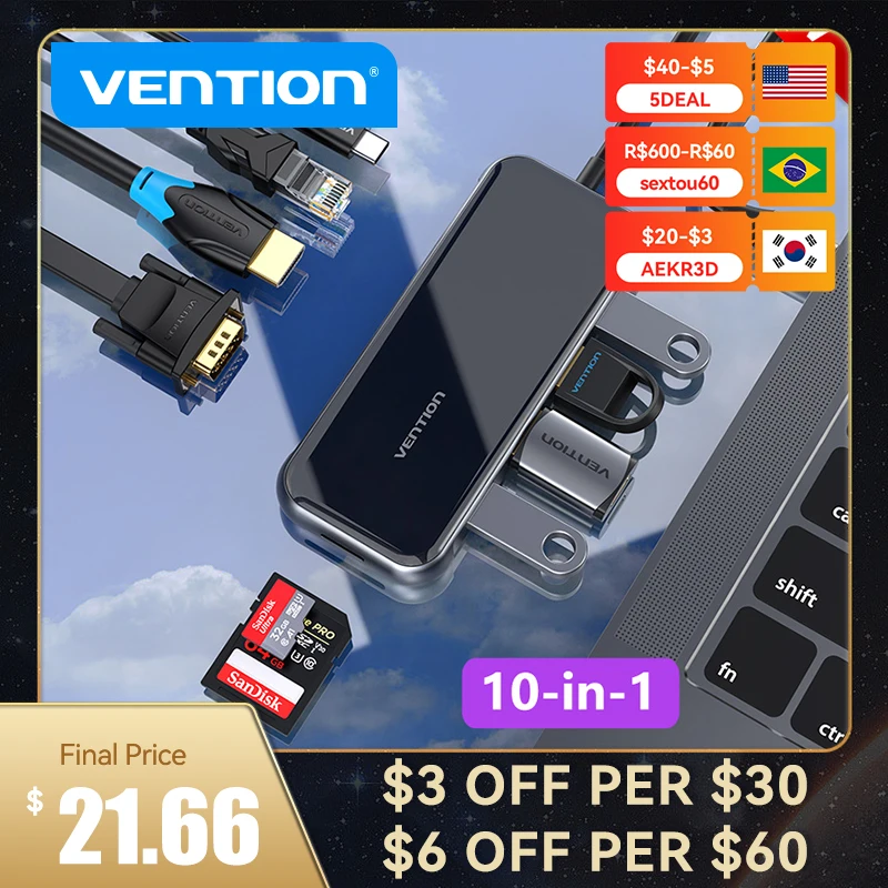 USB-разветвитель Vention, 10 в 1, USB 3,0 
USB-разветвитель Vention, 10 в 1, USB 3,0