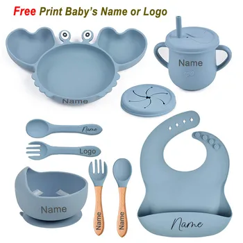 Crab Plate For Baby Silicone Tableware Suction Bowl Plate Tray Bibs Spoon Personalized Name Babys Name Feeding Set For Kids