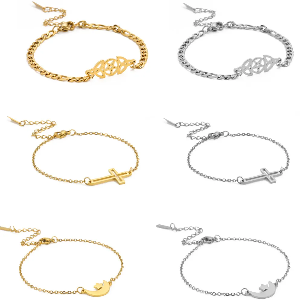 Triangle Pentagram Star Moon Cross Bracelets Of Women Silver Color Stainless Steel Celtic Knot Cuff Vintage Gothic Accessories
Triangle Pentagram Star Moon Cross Bracelets Of Women Silver Color Stainless Steel Celtic Knot Cuff Vintage Gothic Accessories