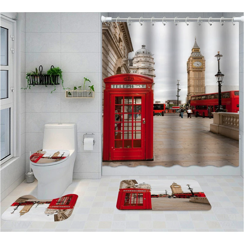 Red Telephone Booth Clock Tower Shower Curtain Sets City Scenery Retro Building Street Bathroom Curtains Non-Slip Rugs Bath Mats
Red Telephone Booth Clock Tower Shower Curtain Sets City Scenery Retro Building Street Bathroom Curtains Non-Slip Rugs Bath Mats