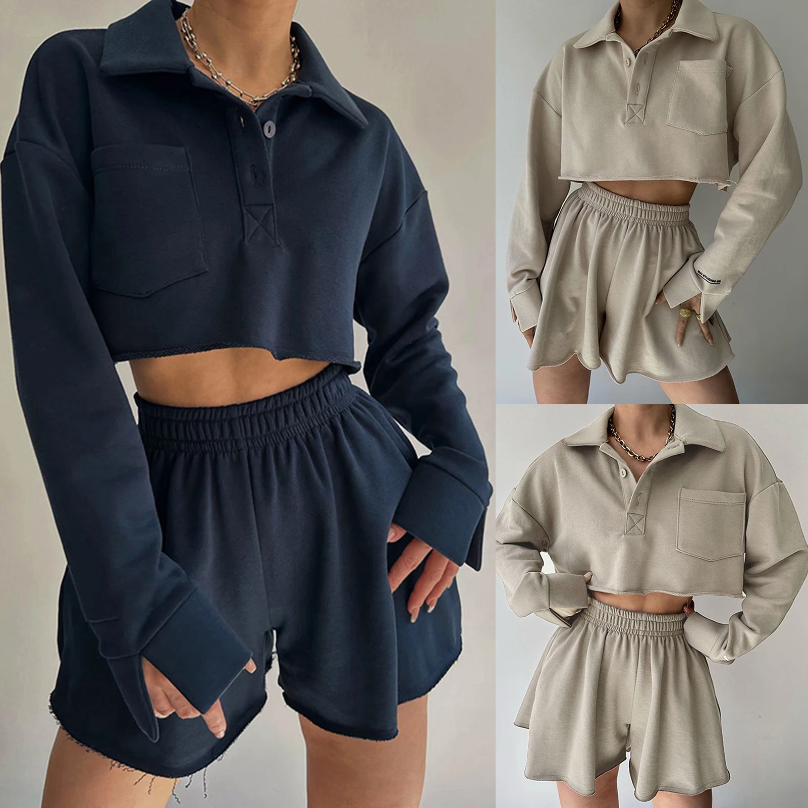 Women Casual Sweatshirt 2 Piece Sets Long Sleeve Turn-down Collar Crop+Drawstring Short Sets Solid Colour with Botton Outfits
Women Casual Sweatshirt 2 Piece Sets Long Sleeve Turn-down Collar Crop+Drawstring Short Sets Solid Colour with Botton Outfits