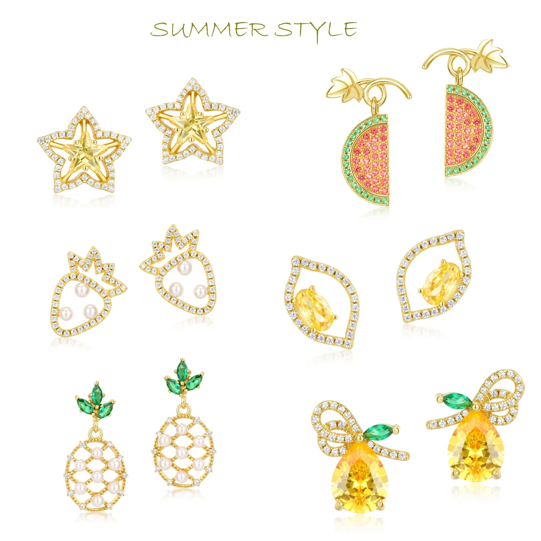 

ALLNOEL Fruit Stud Earrings Lemon Strawberry Watermelon Pineapple White Zircon CZ Plated Gold Girls Summer Brincos Fine Jewelry