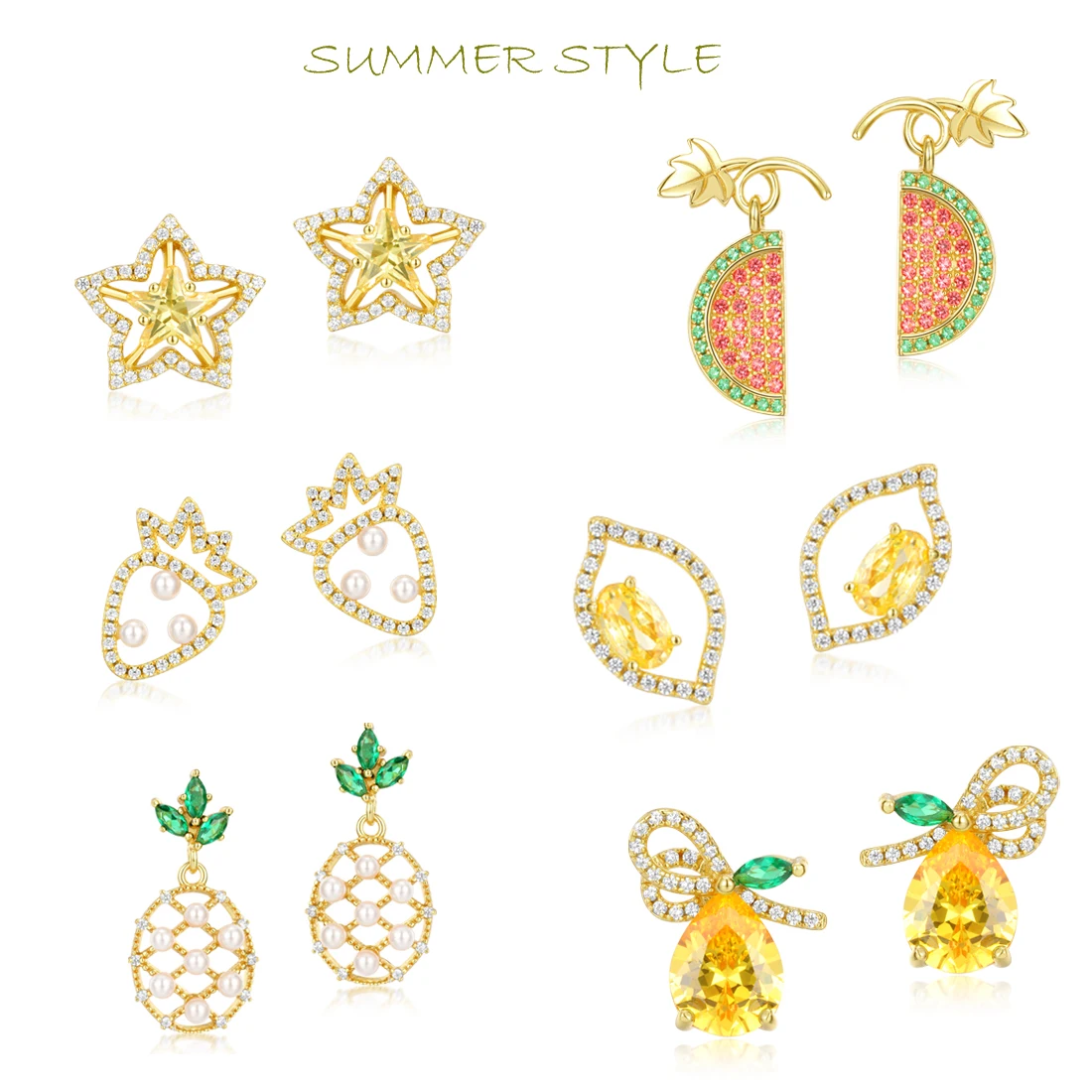 ALLNOEL Fruit Stud Earrings Lemon Strawberry Watermelon Pineapple White Zircon CZ Plated Gold Girls Summer Brincos Fine Jewelry
ALLNOEL Fruit Stud Earrings Lemon Strawberry Watermelon Pineapple White Zircon CZ Plated Gold Girls Summer Brincos Fine Jewelry