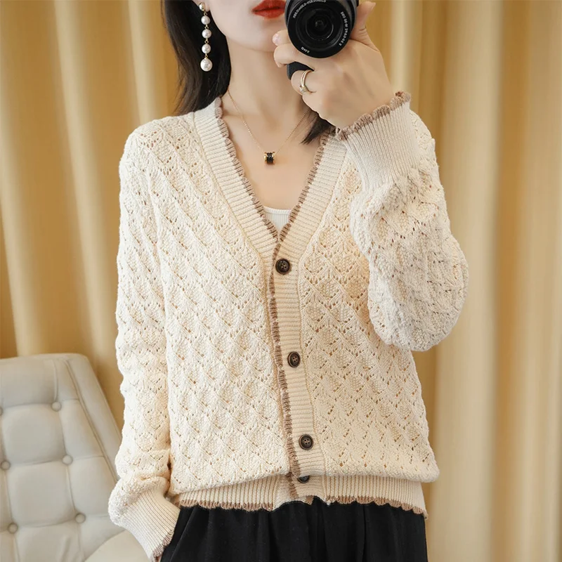100% Cotton Ladies Jacket Spring New Knit Cardigan Long Sleeve Sweaters Loose Large Size Cotton Thread Shirt Women Hollow Tops
100% Cotton Ladies Jacket Spring New Knit Cardigan Long Sleeve Sweaters Loose Large Size Cotton Thread Shirt Women Hollow Tops