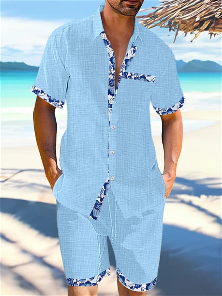 

Linen 2023 Men's Outfit Patch Lapel Short Sleeve Casual Shirt Beach Shorts Summer Streetwear Vacation Hawaiian Outfit Men S-5XL