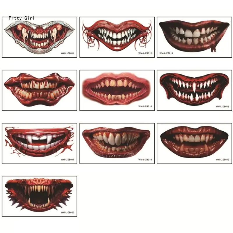 

10 листов Хэллоуин татуировки рот наклейки Хэллоуин розыгрыш макияж временные татуировки бумага ужас губы рот лицо татуировки