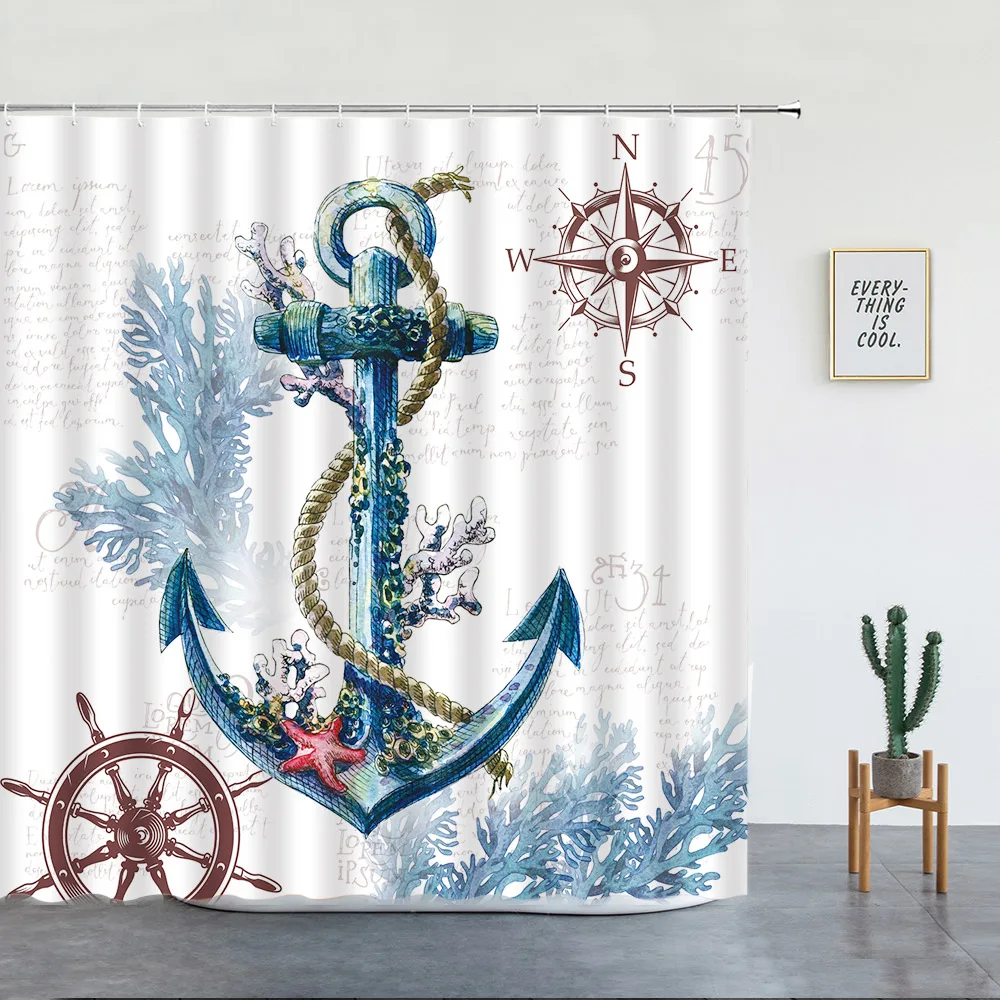 

Blue Anchor Nautical Shower Curtains Coral Water Grass Starfish Rudder Retro Map Bath Curtain Set Creative Fabric Bathroom Decor