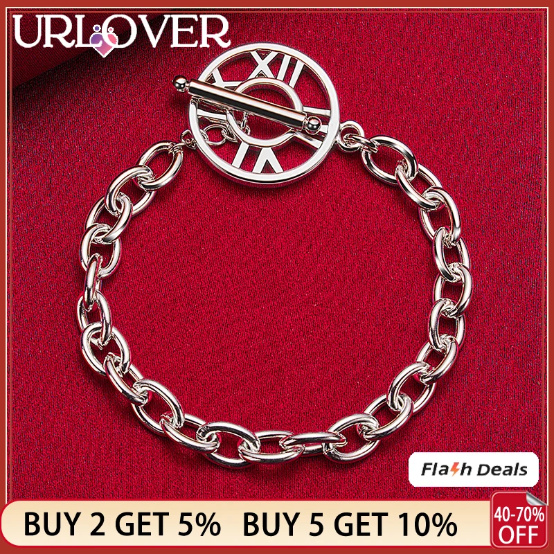 

URLOVER 925 Sterling Silver Round Roman Numeral Chain Bracelets For Women Birthday Party Gifts Bangle Fashion Charm Fine Jewelry