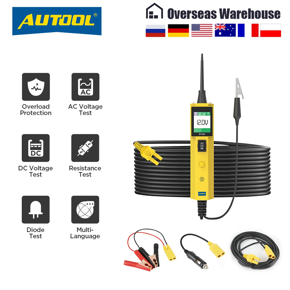 AUTOOL BT260 6V 12V 24V 30V Car Power Probe Automotive Circuit Tester Electrical System Diagnostic with LED Flashlight
AUTOOL BT260 6V 12V 24V 30V Car Power Probe Automotive Circuit Tester Electrical System Diagnostic with LED Flashlight