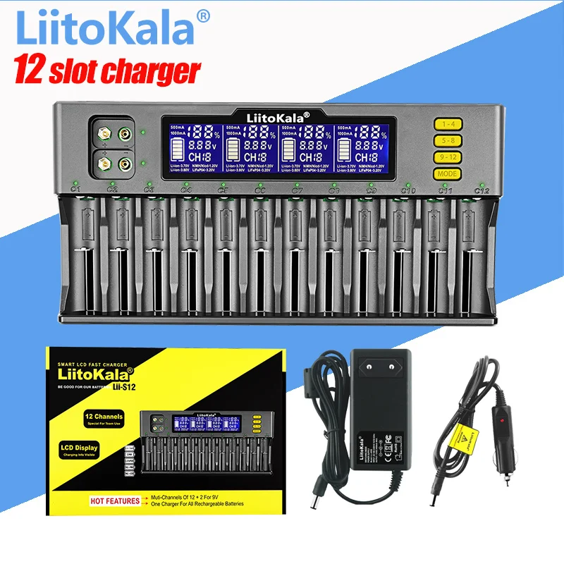 

Зарядное устройство LiitoKala с ЖК-дисплеем и 12 слотами для Li-Ion LiFePO4 Ni-MH Ni-Cd аккумуляторов 9 в 21700 20700 26650 18650 16340 RCR123 18350