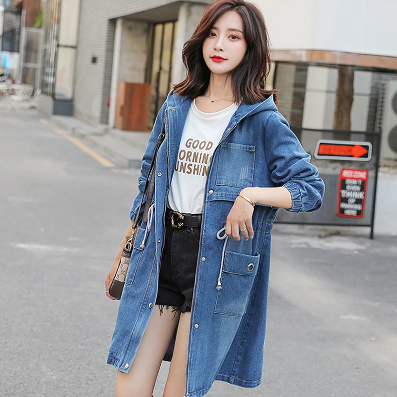 Autumn New Woman Hooded Denim Jacket Clothes Loose Vintage Cowboy Windbreaker Coat Ladies Mid-length Casual Jeans Outerwear Top 
Autumn New Woman Hooded Denim Jacket Clothes Loose Vintage Cowboy Windbreaker Coat Ladies Mid-length Casual Jeans Outerwear Top