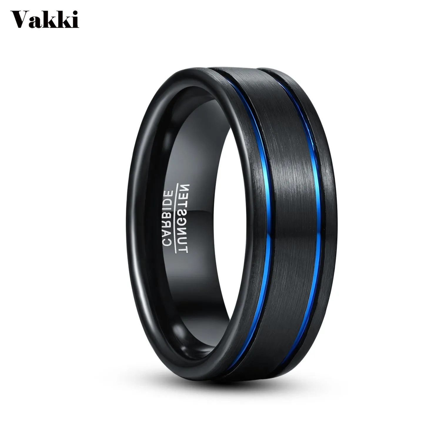 

VAKKI Retro Round Blue Circle Groove Men Tungsten Carbide Rings Black High Polish Tungsten Ring Bijoux de Luxe AAA Quality