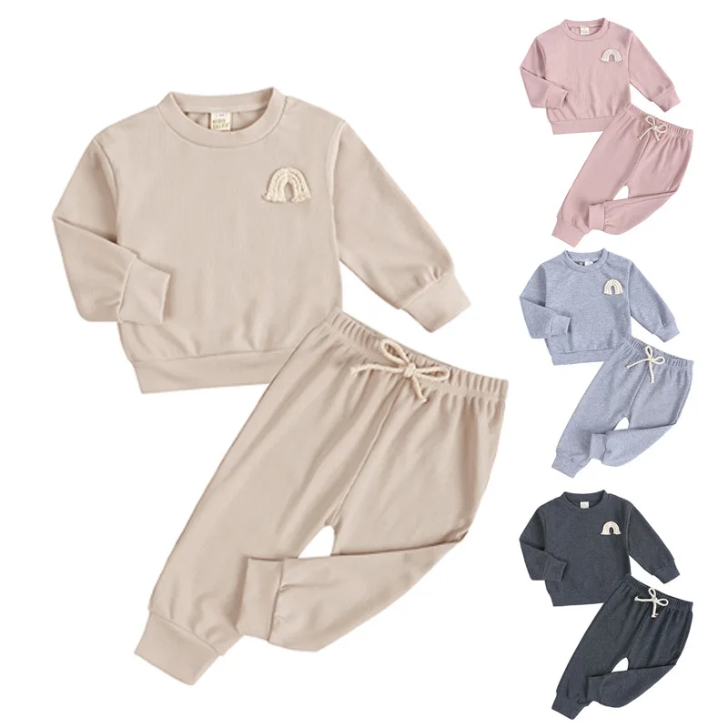 Kids Clothing Kit Unisex Crew Neck Rainbow Embroidered Long Sleeve Trousers Baby Two Piece Set 2022 New Style Clothes Wholesale
Kids Clothing Kit Unisex Crew Neck Rainbow Embroidered Long Sleeve Trousers Baby Two Piece Set 2022 New Style Clothes Wholesale