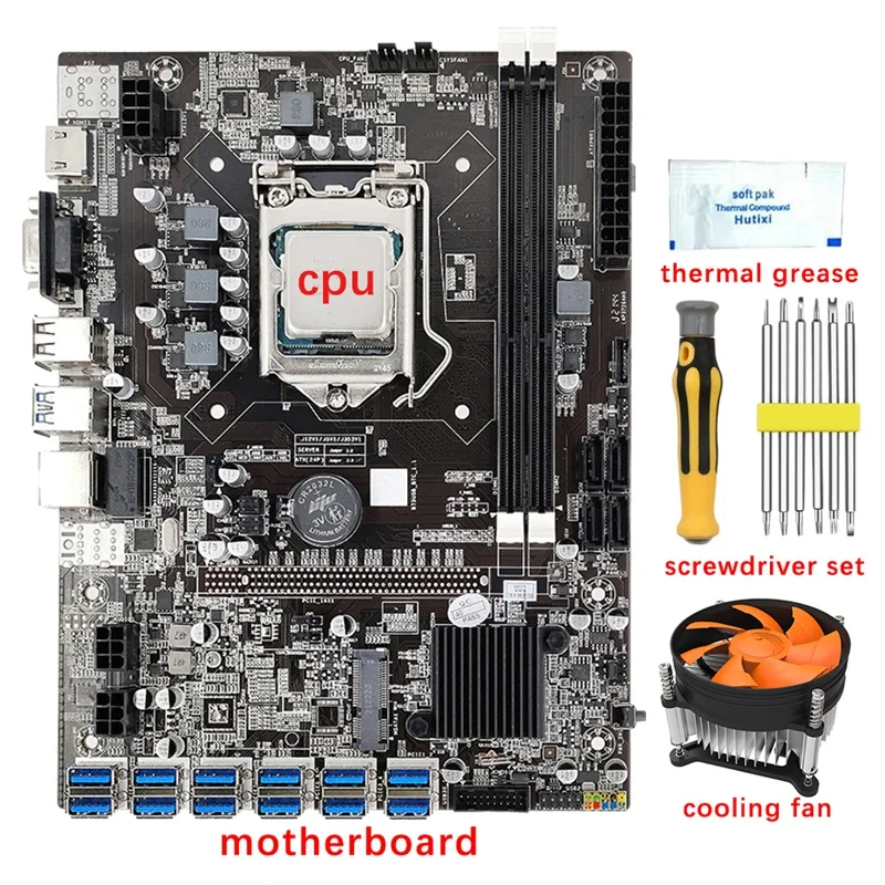 

B75 BTC 12 GPU Mining Motherboard+CPU+Fan+Thermal Grease+Screwdriver 12 USB3.0 To PCIE 1X Slot LGA1155 DDR3 RAM SATA3.0