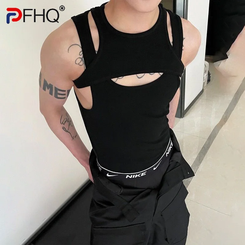 

PFHQ New Spring Elegant Men's Sleeveless Vest 2023 Trendy Hollowed-out Sexy Fashion Tops Niche Design Free Shipping High Quality