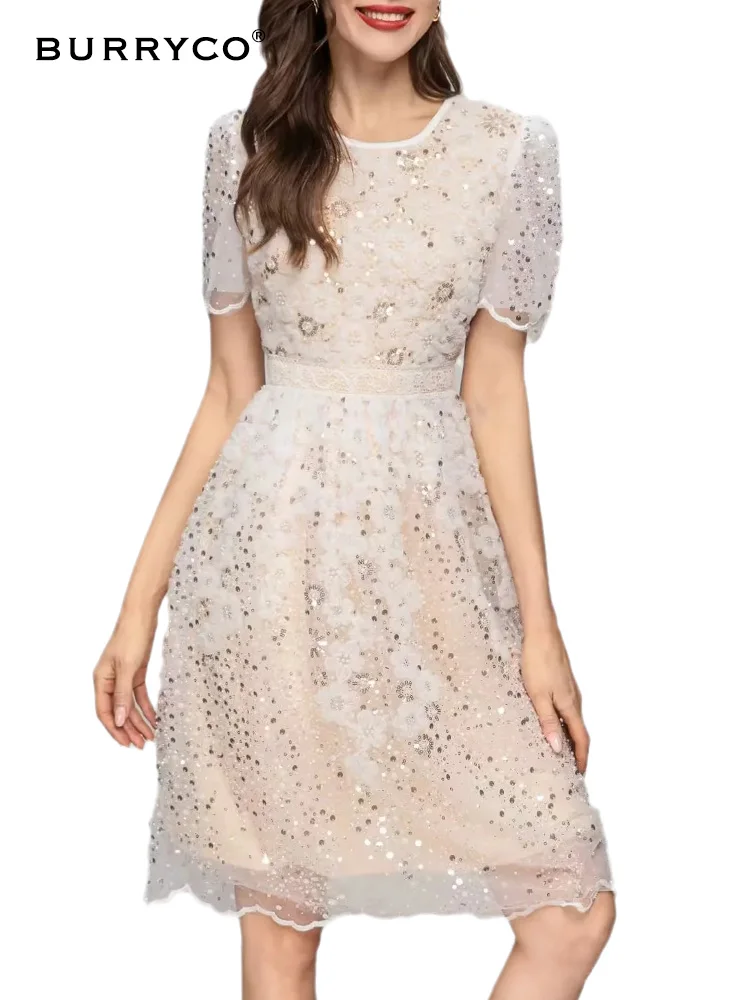 Летнее платье BURRYCO 2023 в стиле феи с изображением имени, нежное воздушное модное платье ручной работы с блестками и кружевом