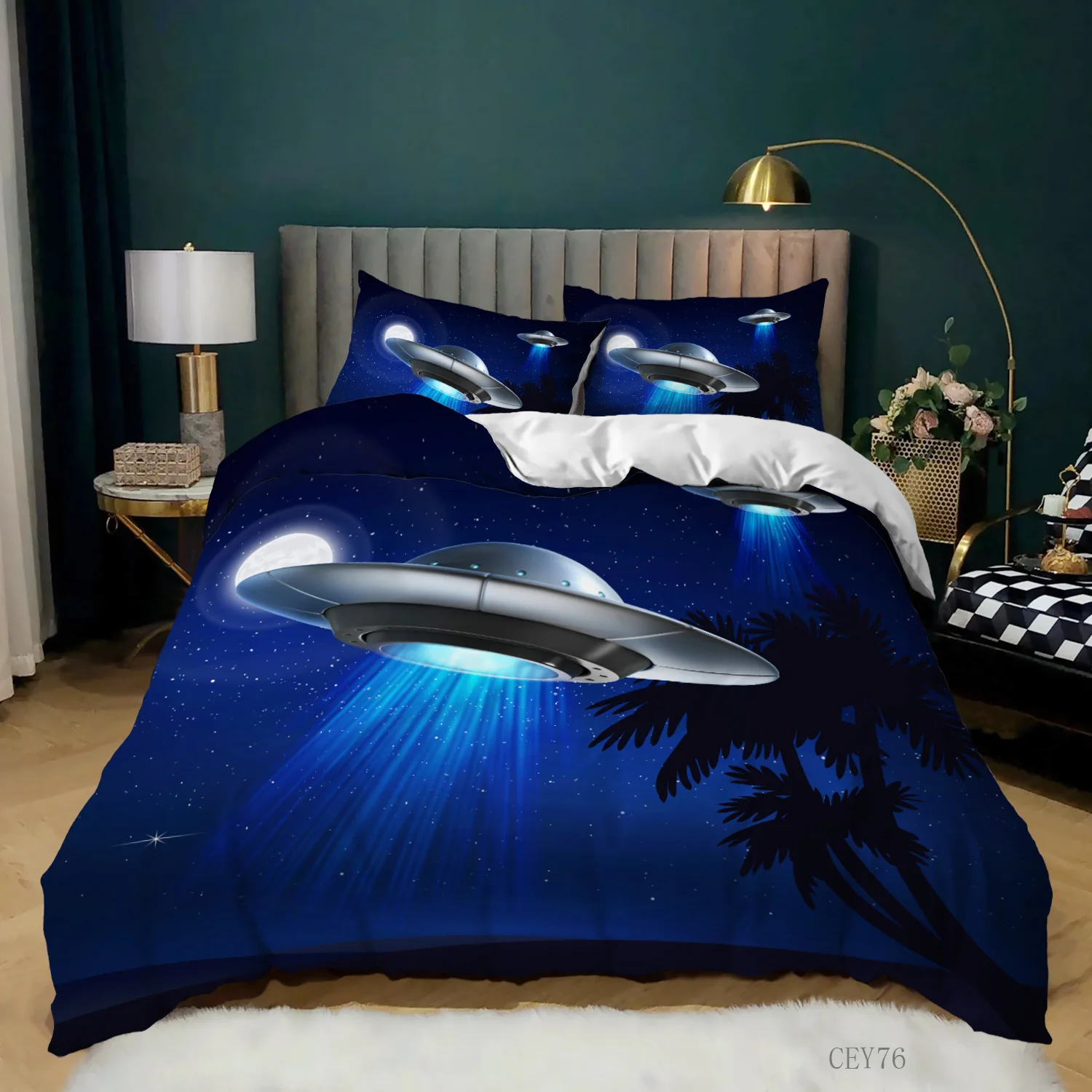 

Spacecraft Duvet Cover Set Snow Mountain Astronaut Spaceship Quilt Cover King Microfiber Science Fiction Spaceship Bedding Set