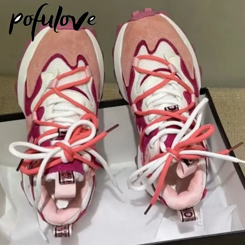 Женские кроссовки на шнуровке Pofulove, розовые универсальные кроссовки на толстой подошве, из сетчатого дышащего материала, на весну и осень 
Женские кроссовки на шнуровке Pofulove, розовые универсальные кроссовки на толстой подошве, из сетчатого дышащего материала, на весну и осень