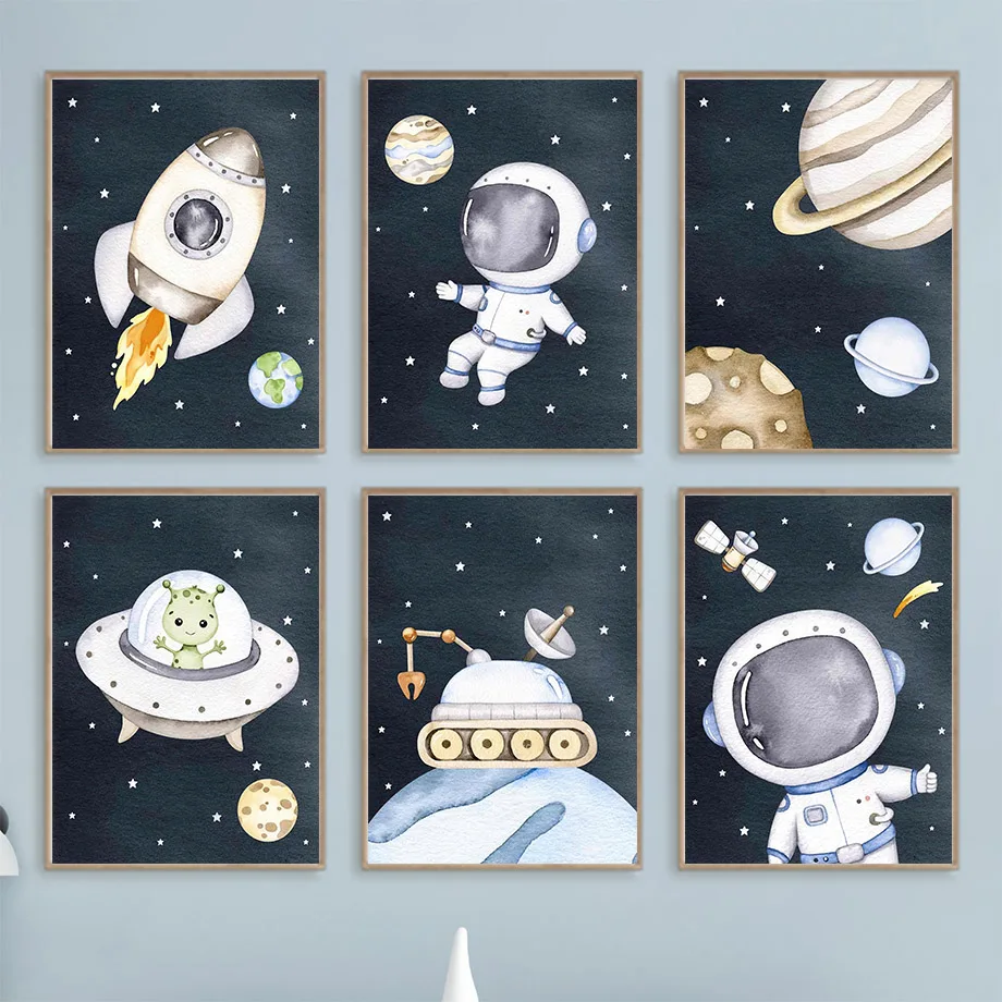 

Cute Cartoon Astronaut Space Planet Rocket Satellite Car Posters Prints Nordic Canvas Painting Wall Art Pictures Kids Room Decor