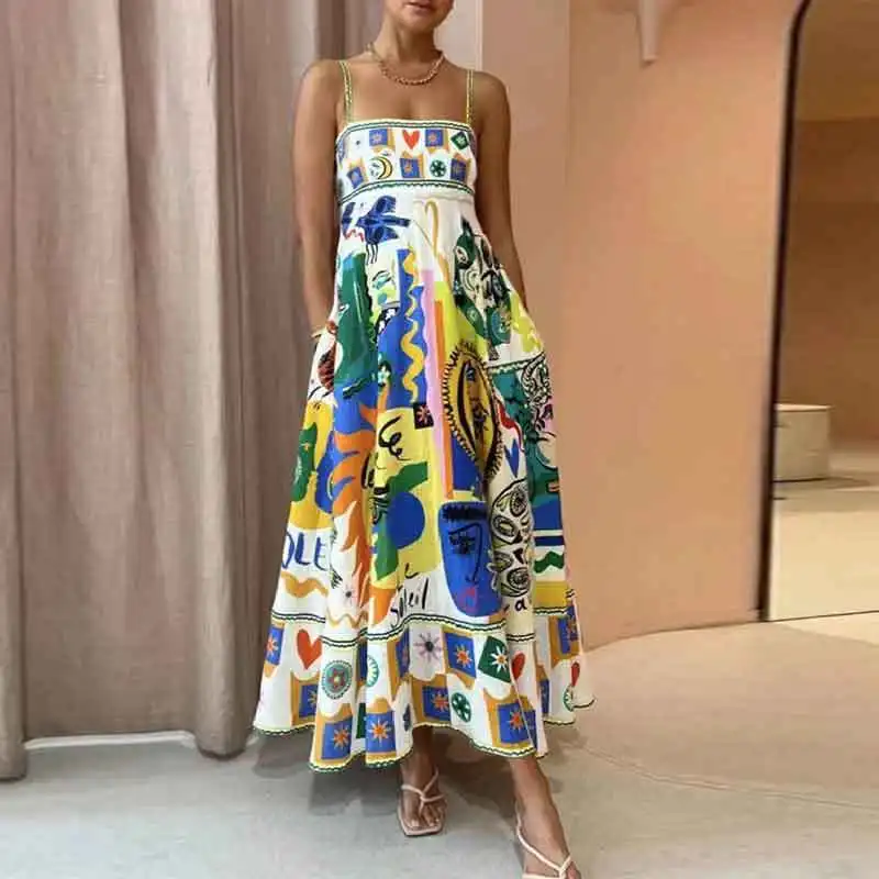 Summer Beach Elegant Print Party Dress Colorful Long Sexy Straps Dresses Casual Vacation French Backless Women Maxi Vestidos 
Summer Beach Elegant Print Party Dress Colorful Long Sexy Straps Dresses Casual Vacation French Backless Women Maxi Vestidos