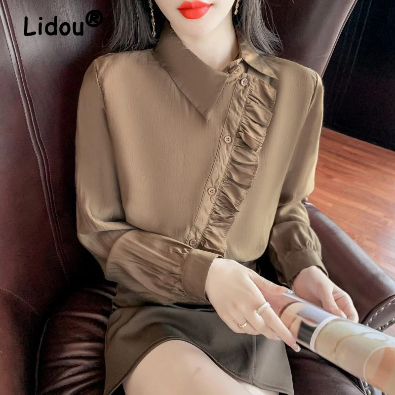 Women Elegant Chic Ruffled Asymmetry Button Shirts Fashion Casual Black Khaki Loose Long Sleeve Blouse Office Ladies Tops Blusas
Women Elegant Chic Ruffled Asymmetry Button Shirts Fashion Casual Black Khaki Loose Long Sleeve Blouse Office Ladies Tops Blusas