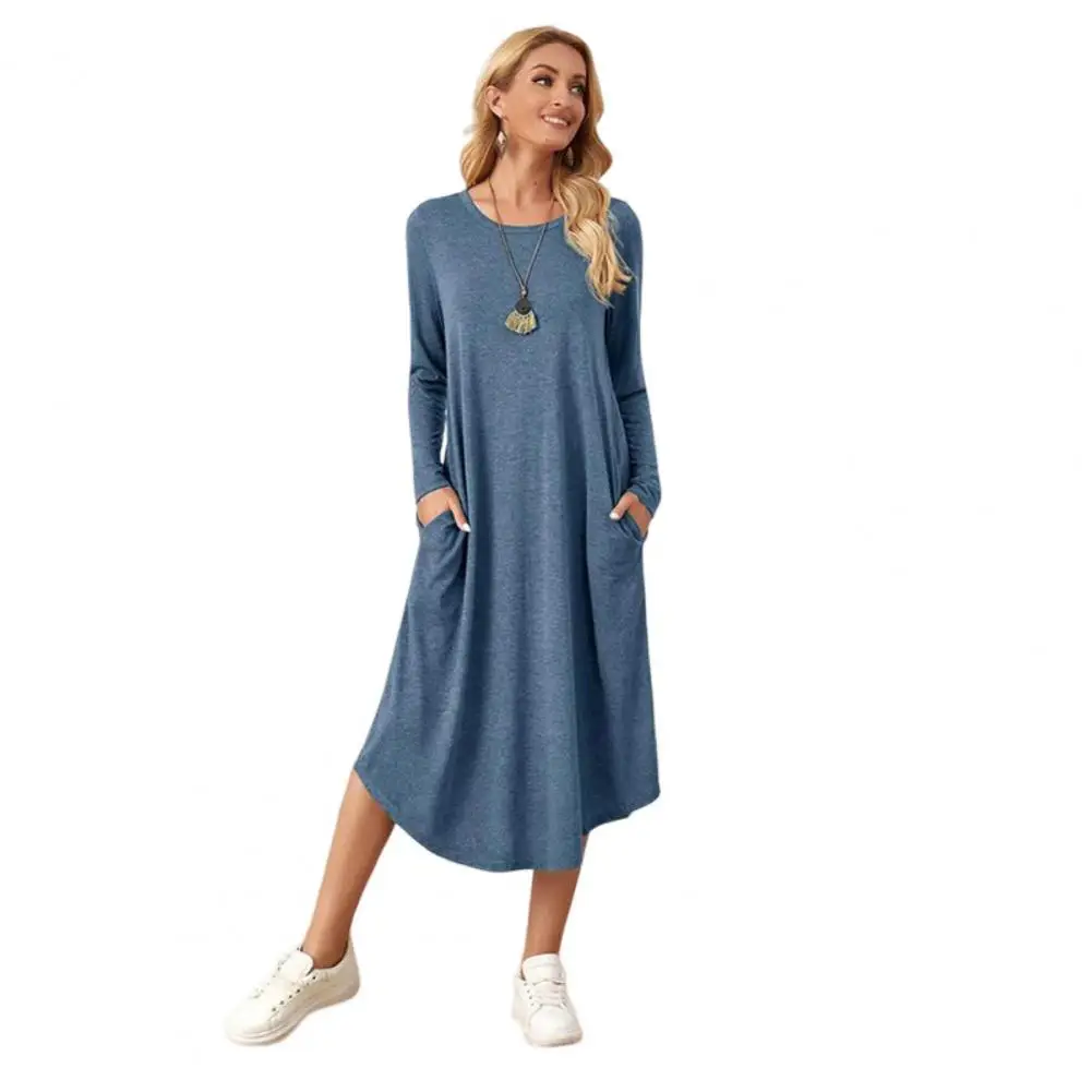 Женское платье с двойными карманами, платья с длинным рукавом и круглым вырезом, осенне-зимнее свободное женское платье длиной до щиколотки 
Женское платье с двойными карманами, платья с длинным рукавом и круглым вырезом, осенне-зимнее свободное женское платье длиной до щиколотки