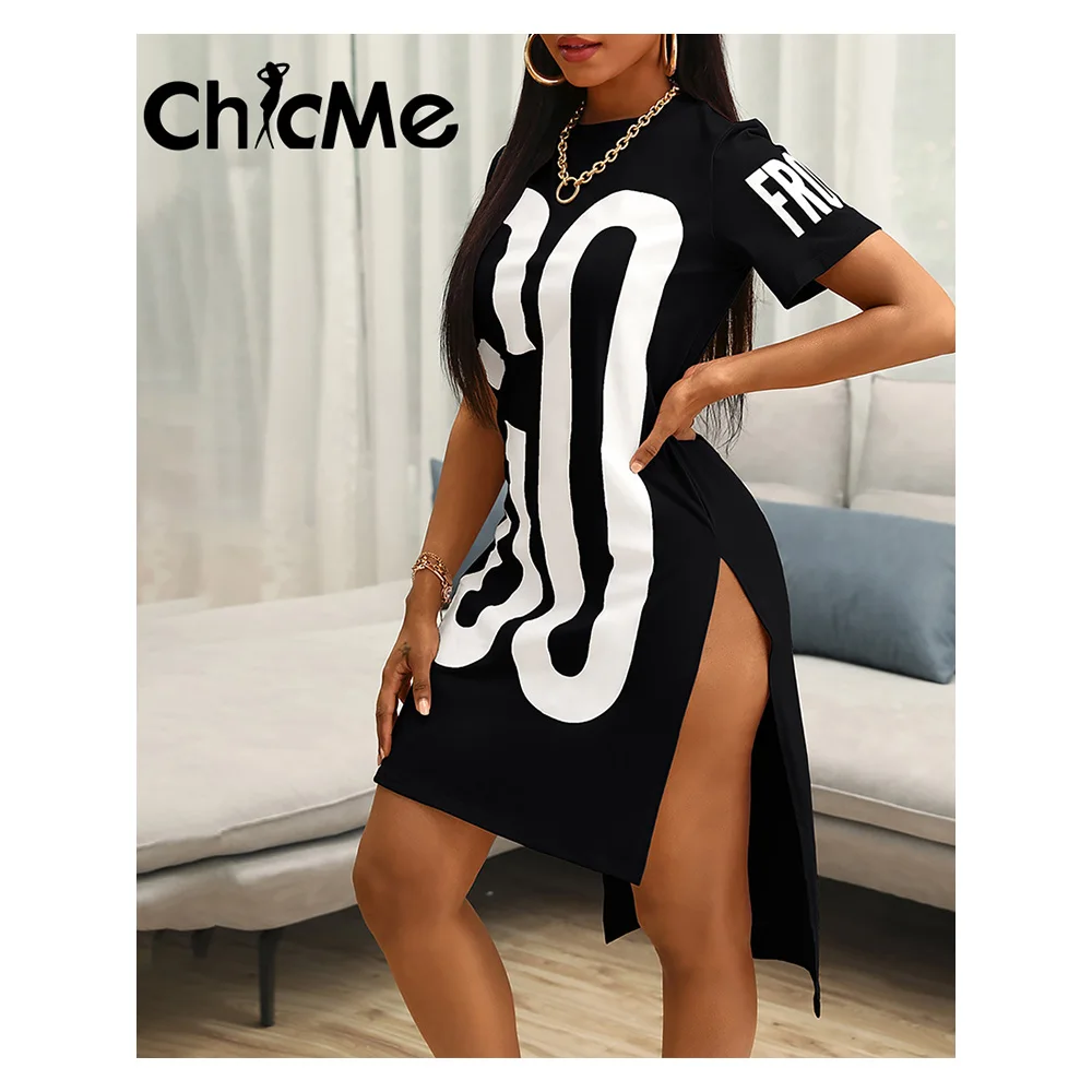 

Chicme Women Letter Print High Slit Oversized T-Shirt Dress Short Sleeve Round Neck Casual Dresses for Women Daily Sporty