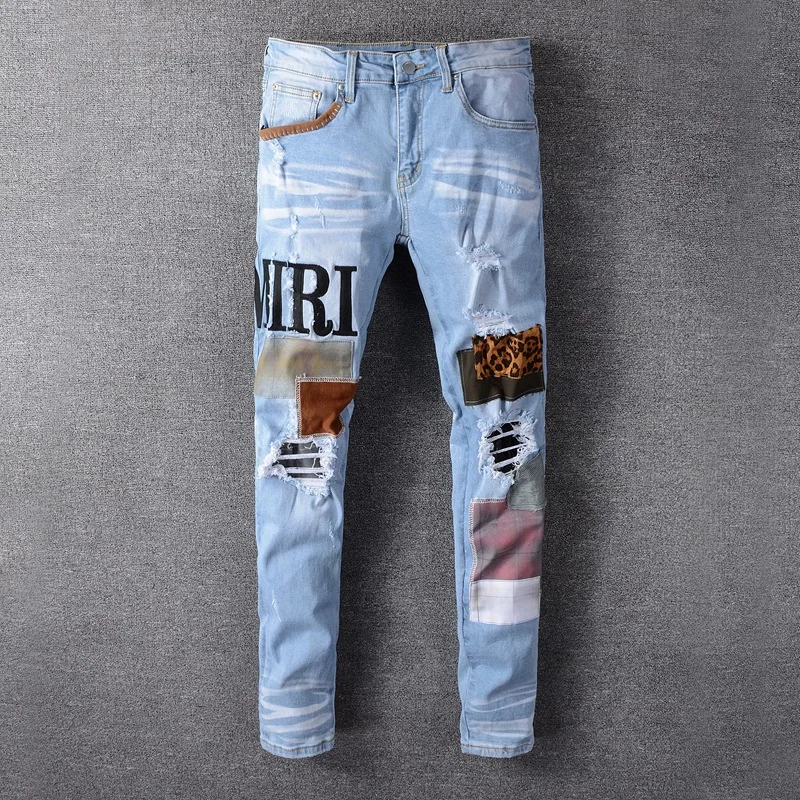 

Модные рваные синие джинсы с нашивкой, мужские облегающие дизайнерские потертые джинсовые брюки, мужские джинсы в стиле хип-хоп, джинсы для диджея в стиле панк-рок