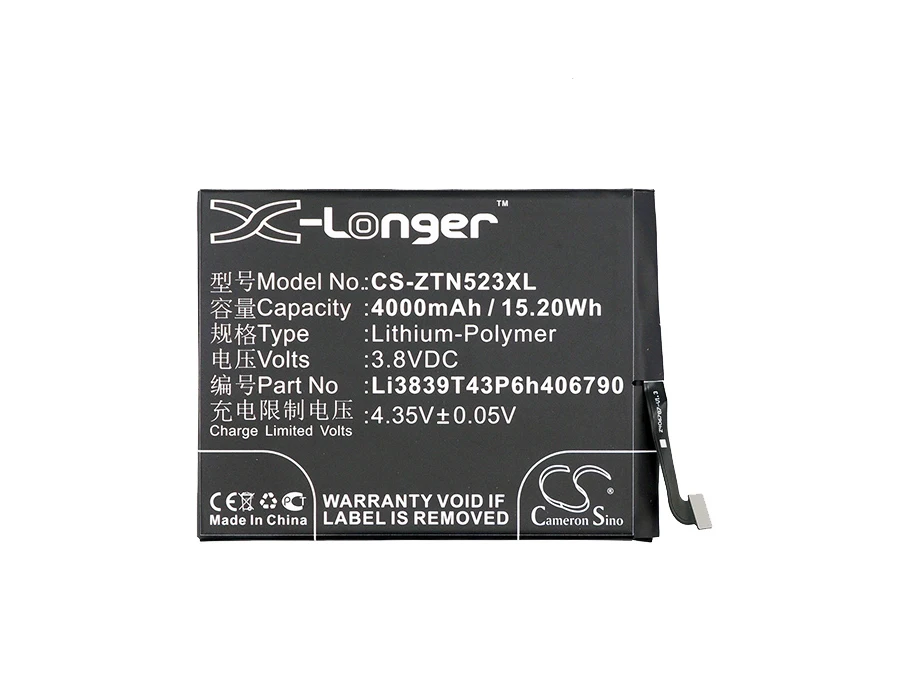 Аккумулятор Cameron Sino 4000 мАч Li3839T43P6h406790 для ZTE/Nubia Z11 Max, NX523, NX523J
Аккумулятор Cameron Sino 4000 мАч Li3839T43P6h406790 для ZTE/Nubia Z11 Max, NX523, NX523J