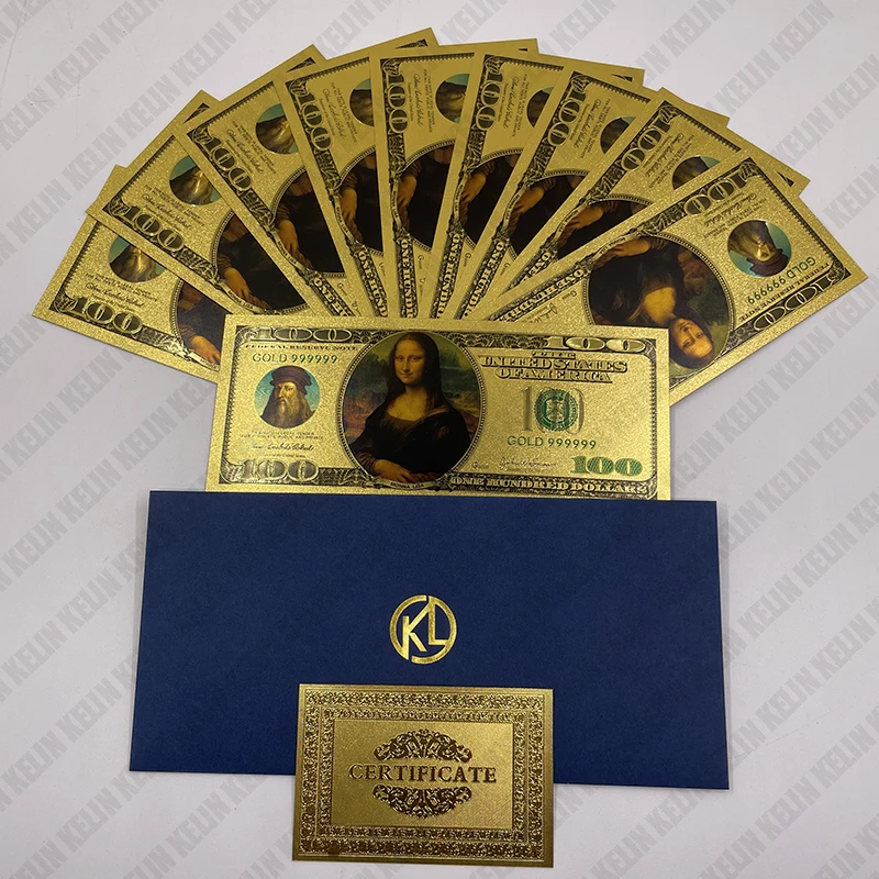 10pcs Beautiful da Vinc Mona Lisa Smile One Hundred US Dollar Gold Banknotes for Business Gifts Collection and Home Decoration 
10pcs Beautiful da Vinc Mona Lisa Smile One Hundred US Dollar Gold Banknotes for Business Gifts Collection and Home Decoration