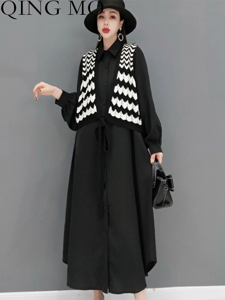 

Женское платье-свитер со вставками QING MO, свободное платье средней длины с полосками, длинными рукавами и лацканами, осень 2023, LHX1351A