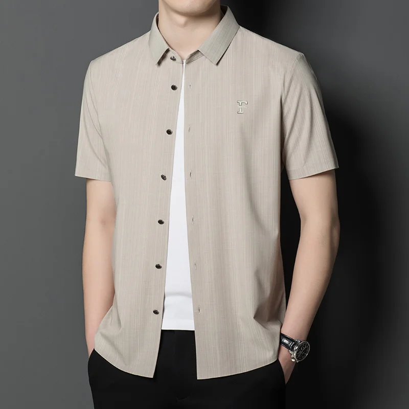 Summer Ice Silk Seamless Short Sleeve Vertical Stripes Leisure Iron-Free Shirt Men's Cool Thin Top
Summer Ice Silk Seamless Short Sleeve Vertical Stripes Leisure Iron-Free Shirt Men's Cool Thin Top
