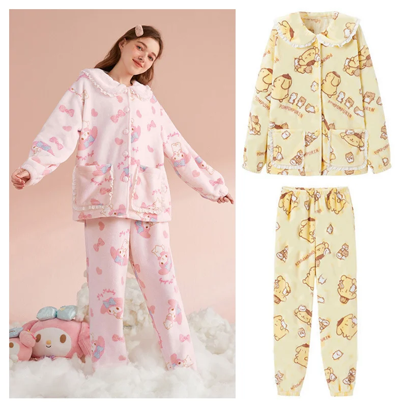 Пижамный комплект Женский, милая Пижама с мультяшным Sanrioed My Melody Pom Purin, коралловый цвет, Осень-зима, теплая Пижама 
Пижамный комплект Женский, милая Пижама с мультяшным Sanrioed My Melody Pom Purin, коралловый цвет, Осень-зима, теплая Пижама