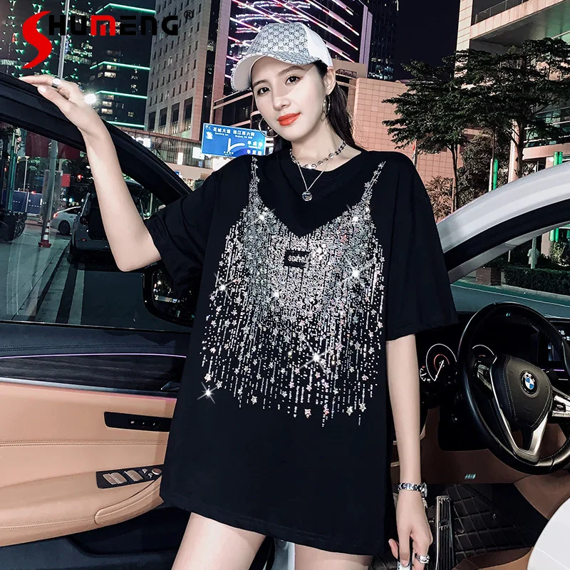 Women's Rhinestone Short Sleeve Mid-length T-shirts 2022 New Loose Korean Style Woman Aesthetic Black Mid-Length TShirt Fashion
Women's Rhinestone Short Sleeve Mid-length T-shirts 2022 New Loose Korean Style Woman Aesthetic Black Mid-Length TShirt Fashion