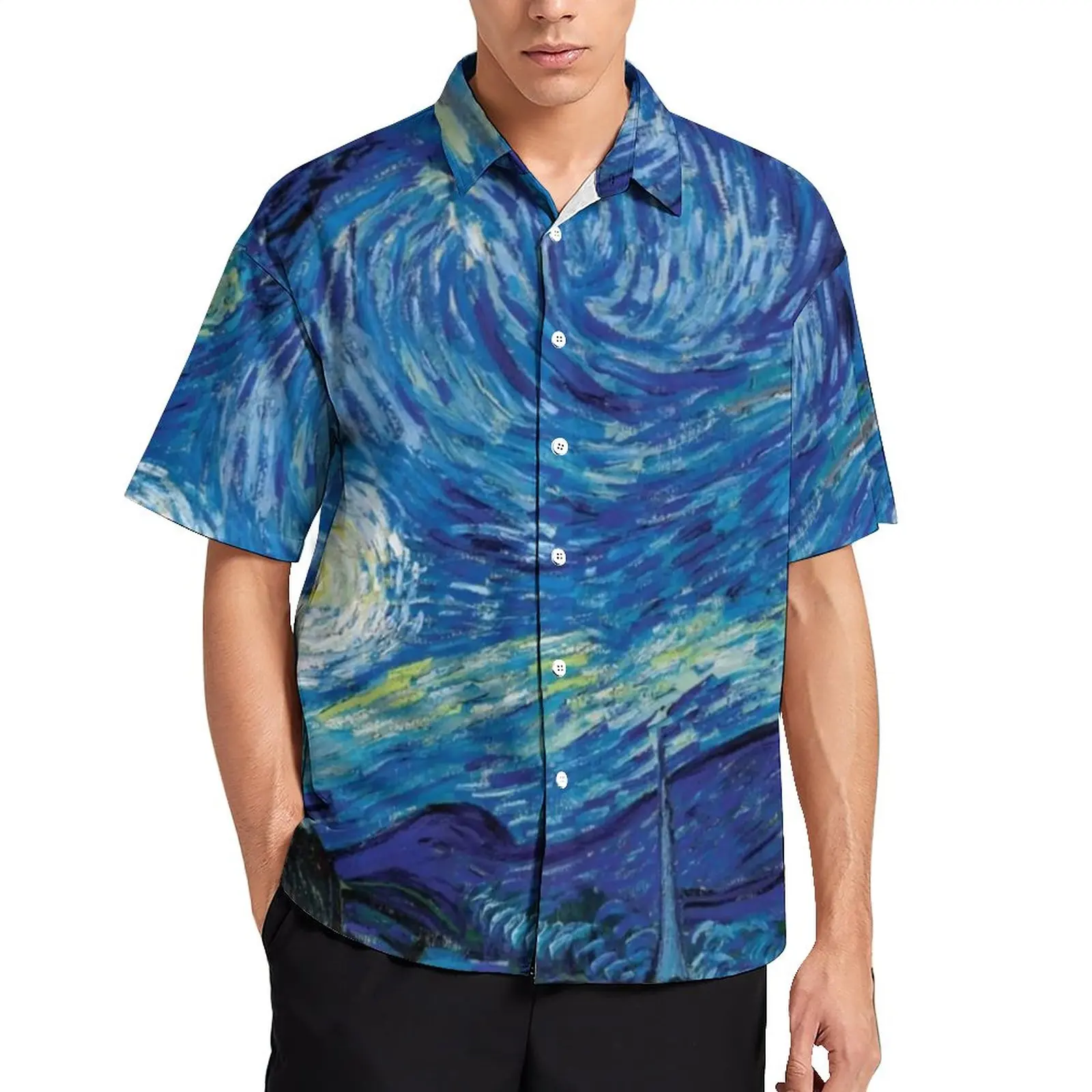 

Рубашка с абстрактным небом для отпуска, повседневные мужские рубашки с изображением звездной ночи Ван Гога, винтажные блузки, летние с кор...
