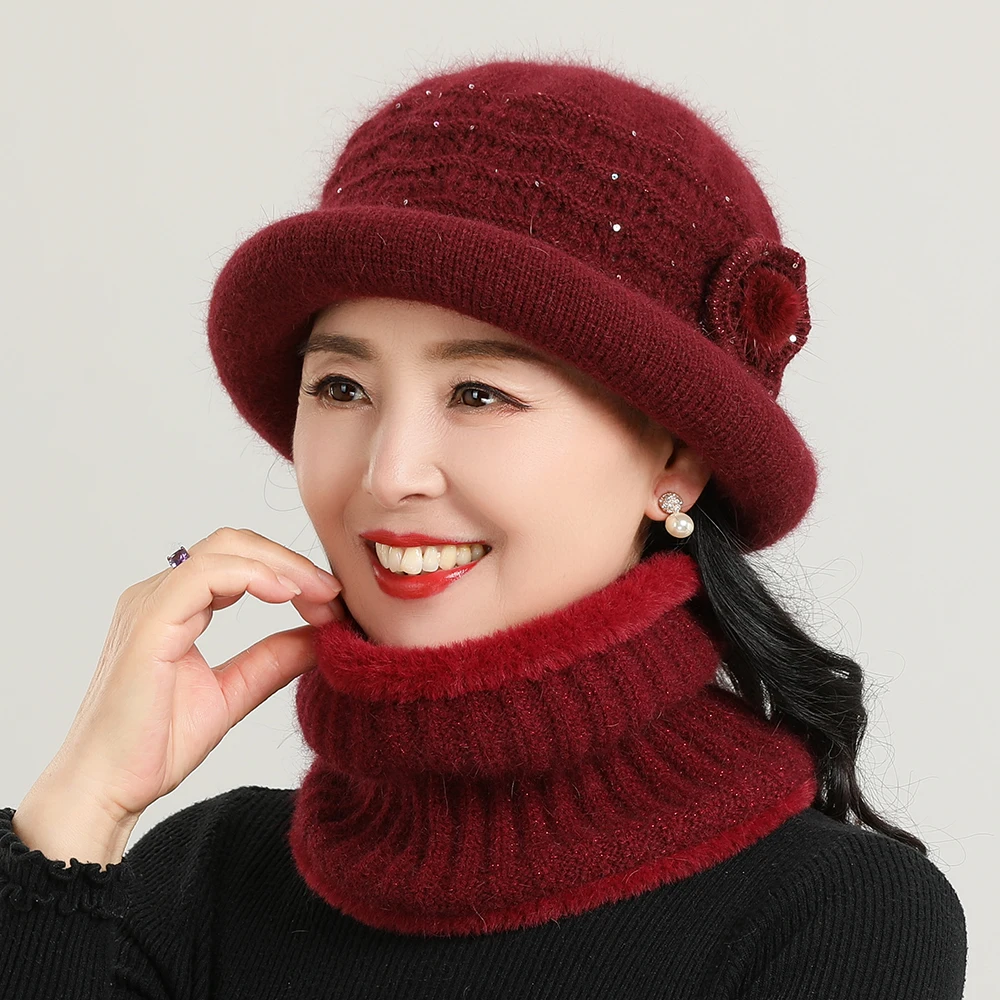 New Women Winter Hat Middle Aged Mother Warm Wool Rolled Basin Hat Scarf Set For Female Elegant Flowers Rabbit Fur Knitted Hat
New Women Winter Hat Middle Aged Mother Warm Wool Rolled Basin Hat Scarf Set For Female Elegant Flowers Rabbit Fur Knitted Hat