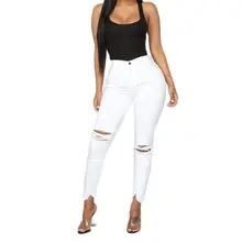 2022 New High Waist Ripped Jeans For Women Fashion Slim High Stretch Denim Pencil Pants Street Casual Trousers Black/White S-3XL