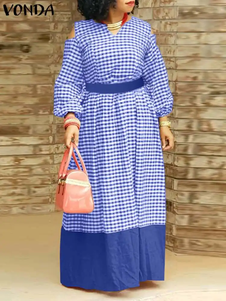 VONDA Bohemian Plaid Maxi Dress 2022 Women Sexy Cold Shoulder Long Lantern Sleeve Vintage Party Vestidos V Neck Belted Robe 
VONDA Bohemian Plaid Maxi Dress 2022 Women Sexy Cold Shoulder Long Lantern Sleeve Vintage Party Vestidos V Neck Belted Robe