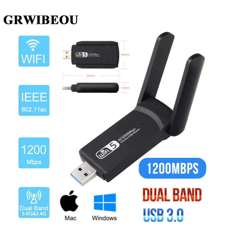 

GRWIBEOU 2.4G 5G 1200Mbps Usb Wireless Network Card Dongle Antenna AP Wifi Adapter Dual Band Wi-Fi Usb 3.0 Lan Ethernet 1200M