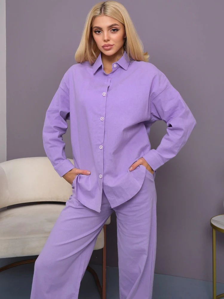 Повседневная Женская домашняя одежда Linad, комплект из 2 предметов, фиолетовая пижама с длинным рукавом, женские брючные костюмы, Весенняя однотонная Пижама 2023 
Повседневная Женская домашняя одежда Linad, комплект из 2 предметов, фиолетовая пижама с длинным рукавом, женские брючные костюмы, Весенняя однотонная Пижама 2023