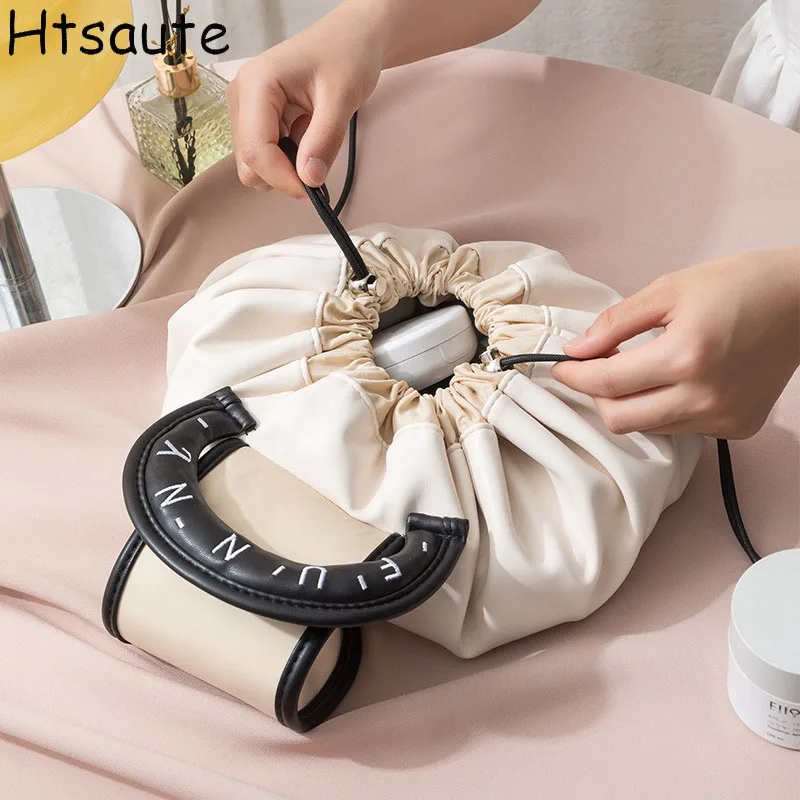 

Solid Color String Women Makeup Beauty Case Pouch Korea Quilted Soft PU Cosmetic Storage Bag Travel Organizer Toiletry Bag