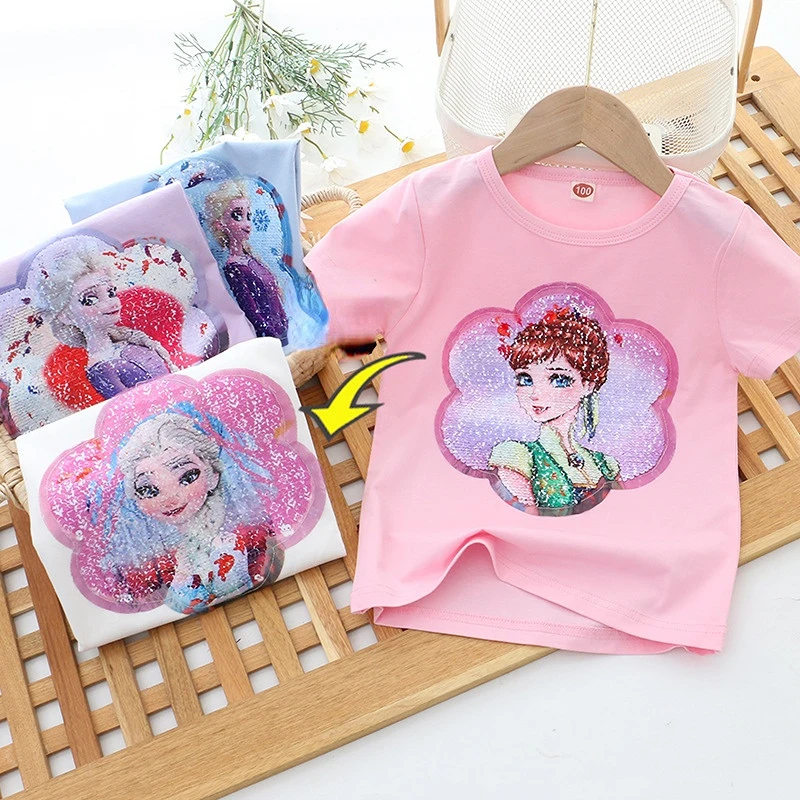 

Girls T Shirts Diseny Princess Anna Elsa Children's Wear Summer Little Girl Short Sleeve Sequin T-shirt Princess Top Tees