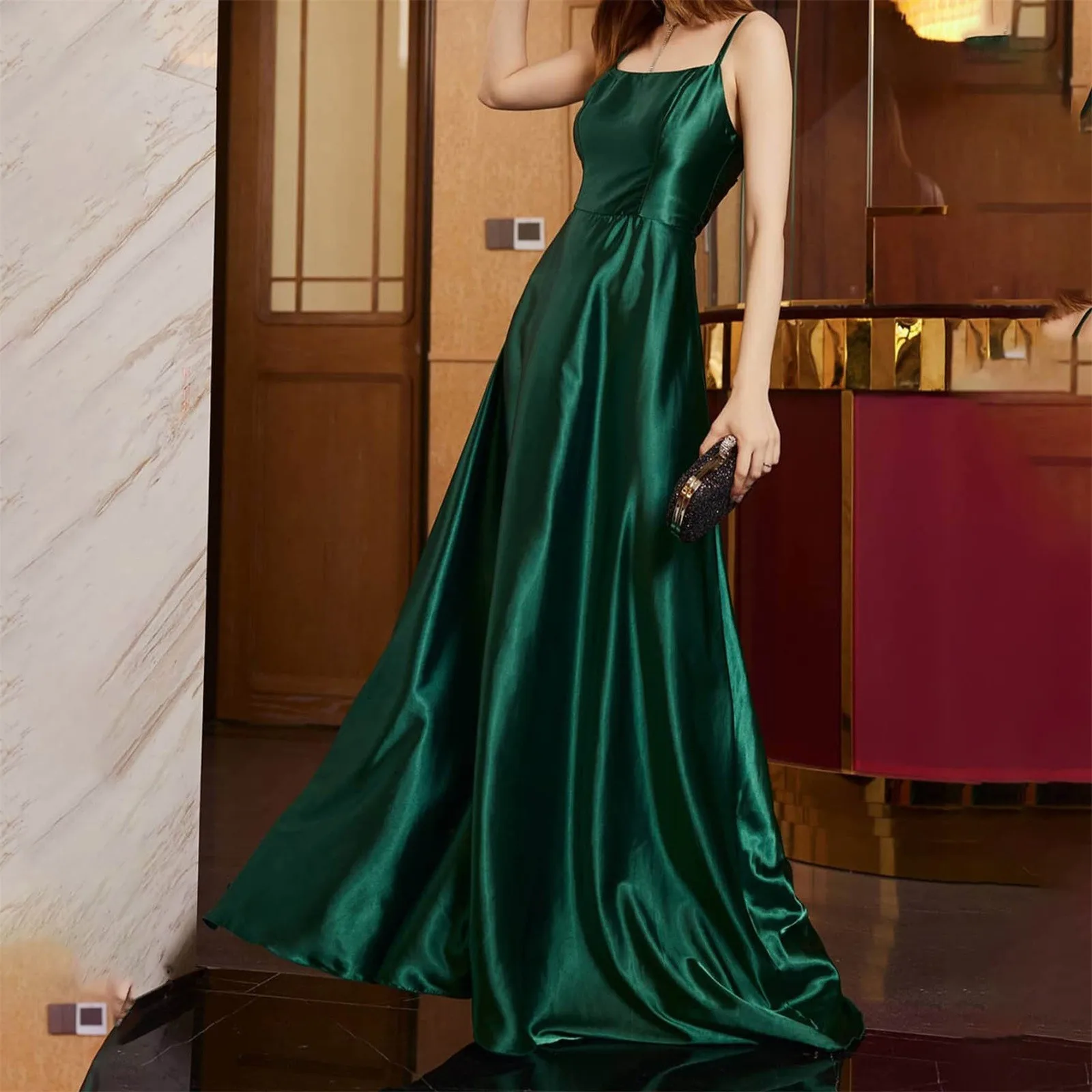 

Платье женское на бретелях-спагетти, пикантное Элегантное Длинное однотонное Облегающее с открытой спиной, без рукавов, с завышенной талией, на лето