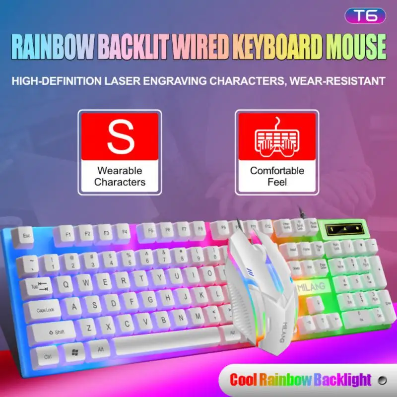 Набор для клавиатуры и мыши T6 USB, игровая клавиатура с радужной подсветкой, игровая мышь, клавиатура, пудинг с 104 клавишами для ноутбука
Набор для клавиатуры и мыши T6 USB, игровая клавиатура с радужной подсветкой, игровая мышь, клавиатура, пудинг с 104 клавишами для ноутбука