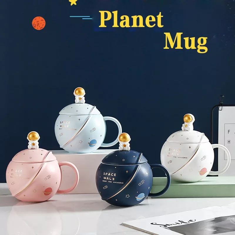 

Creativity Ceramics Astronaut Planet Mugs With Lid Spoon Children's Water Cup Breakfast Milk Tea Cup Coffee Mug Gift Cup Set