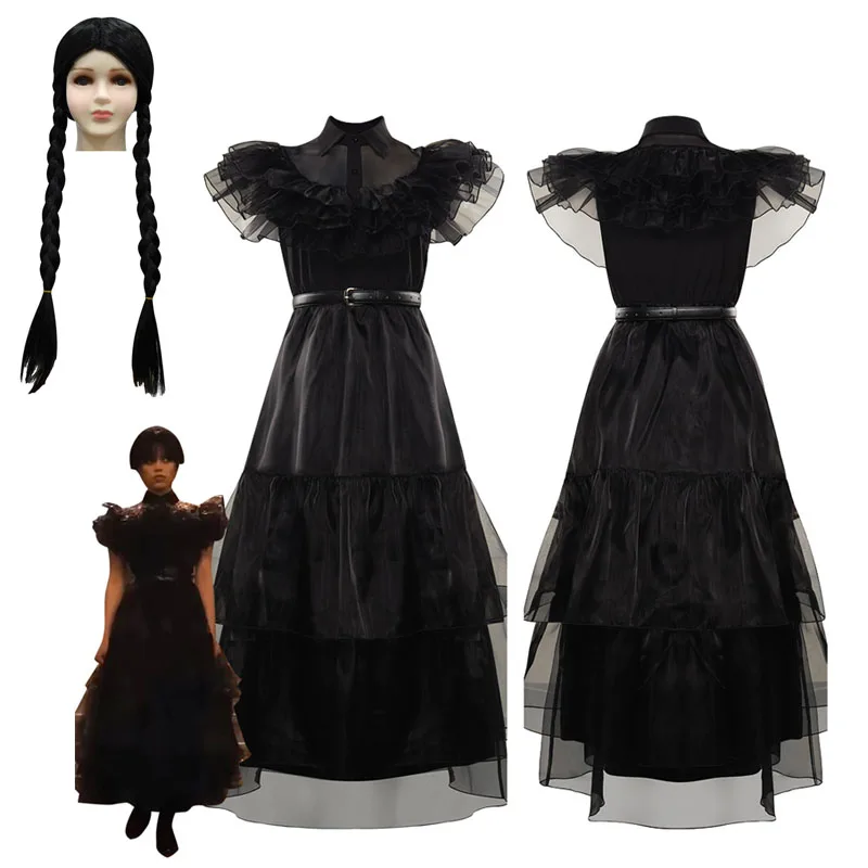 

Movie Addams Cosplay Kids Children Wednesday Addams Cosplay Wig Black Fancy Dress Halloween Party Costume